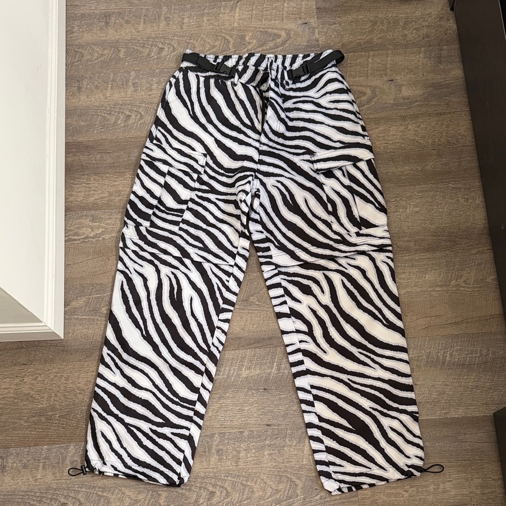 Zebra Print Drawstring Cargo Pants - Black & White